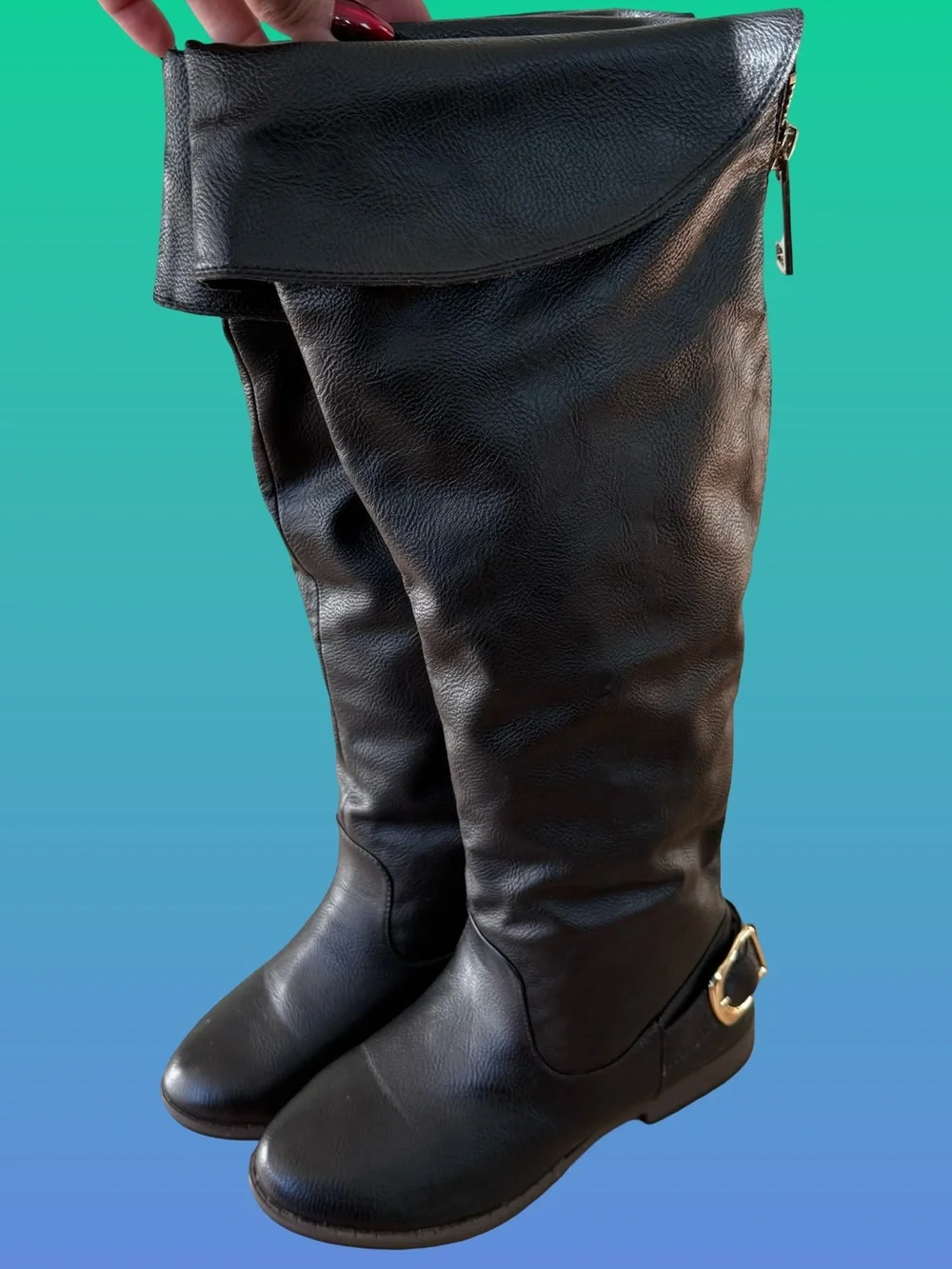 BAMBOO Black Knee-High Boots with Gold Hardware